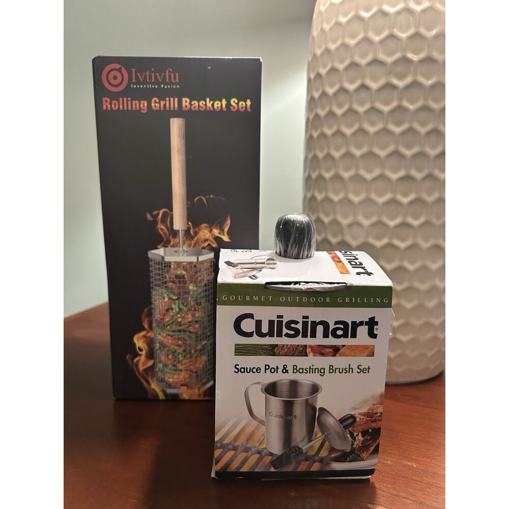 BBQ Bundle Sauce Pot & Basting Brush & Rolling Grill Basket
